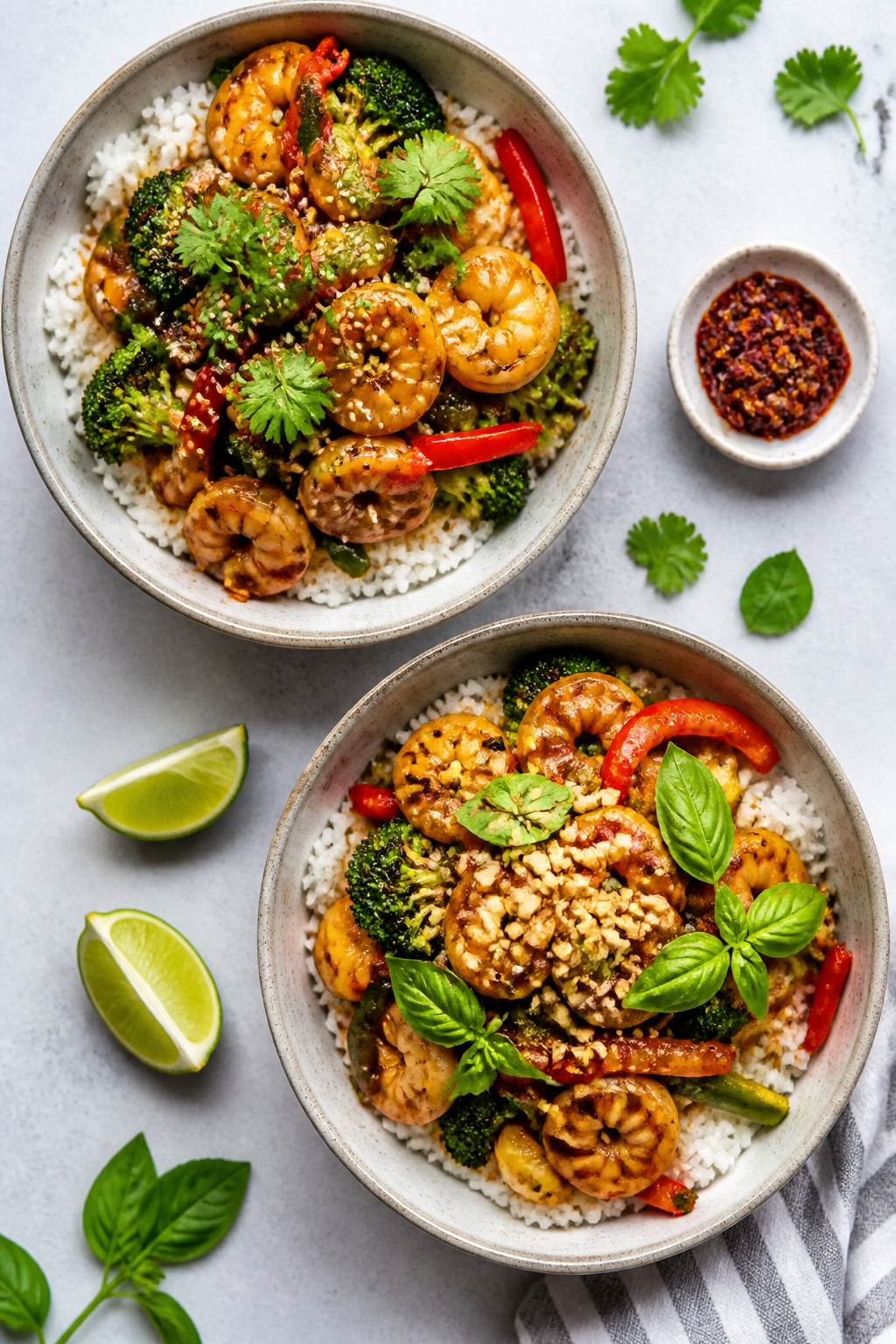 Tasty top view: Overhead shot of assembled rice bowls for two, showcasing even distribution of shrim
