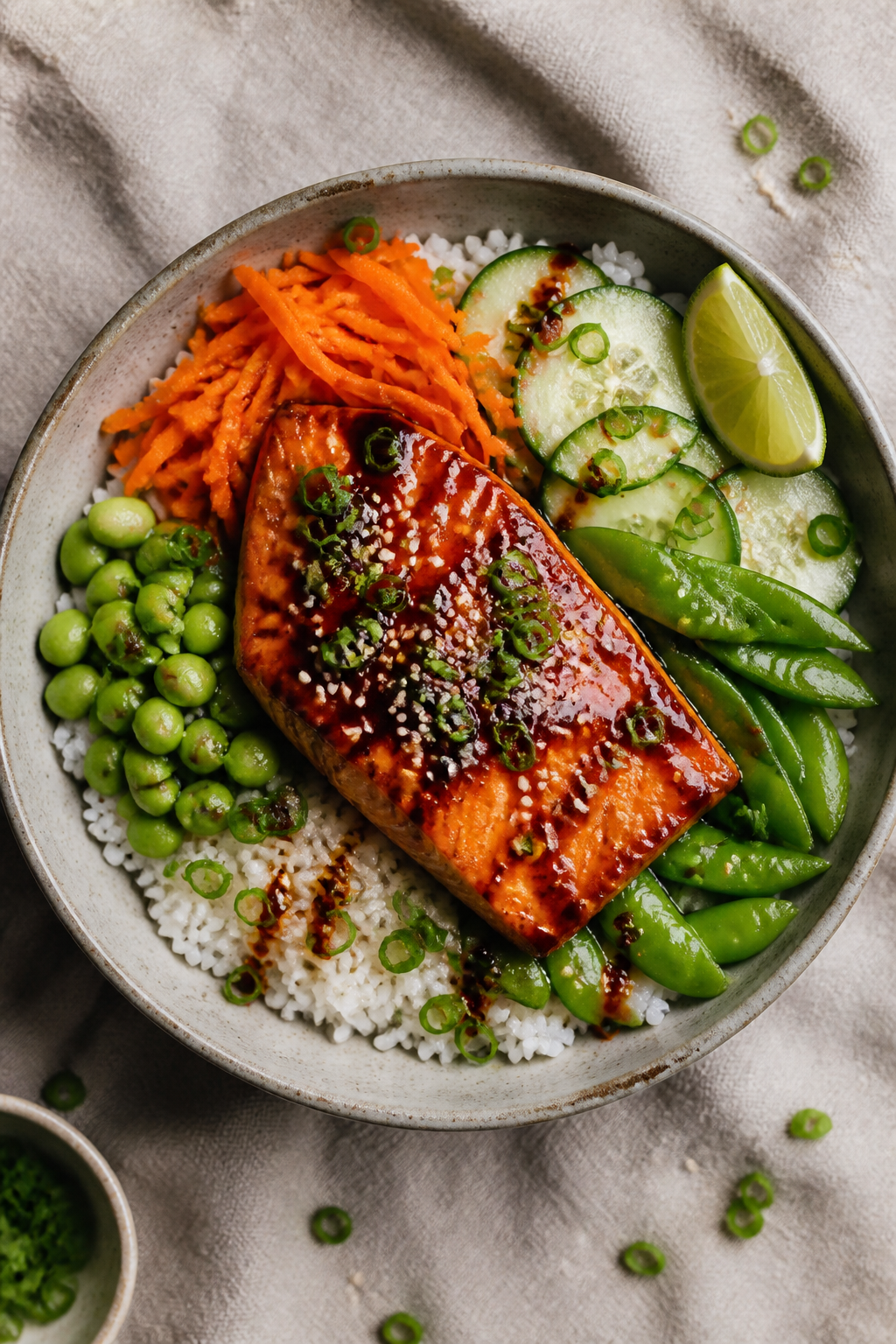 Tasty top view: Overhead shot of assembled teriyaki salmon rice bowl—fluffy jasmine rice base with