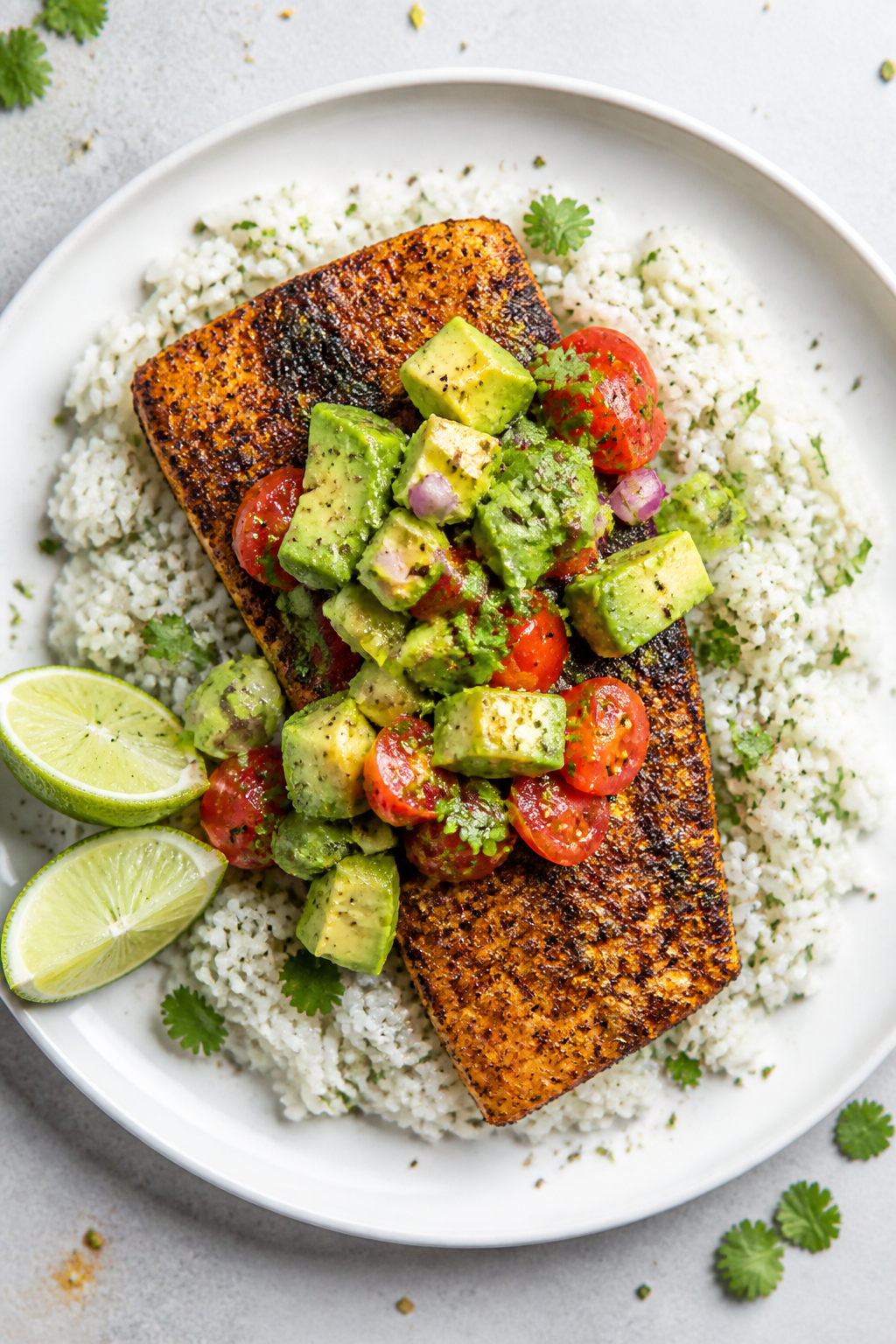 Tasty top view: Overhead shot of blackened mahi mahi topped with chunky avocado salsa (vivid green a