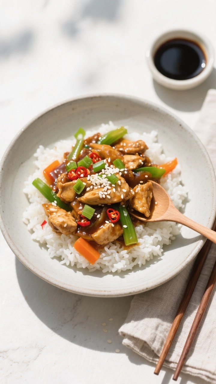 Tasty top view: Overhead shot of budget chicken stir fry spooned over fluffy white rice in a wide ma