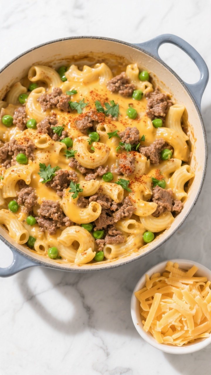 Tasty top view: Overhead shot of Budget-Friendly Mac & Cheese with Ground Beef in a wide, shallow Du