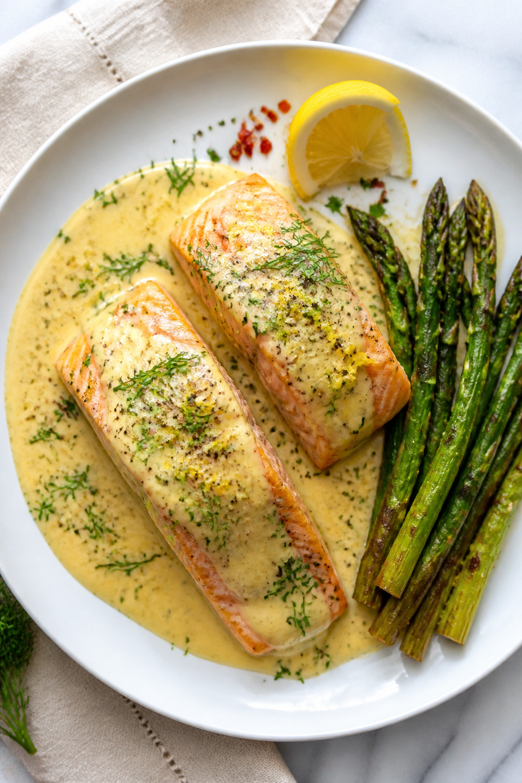 Tasty top view: Overhead shot of Creamy Dijon Salmon & Asparagus plated for serving—two salmon fil