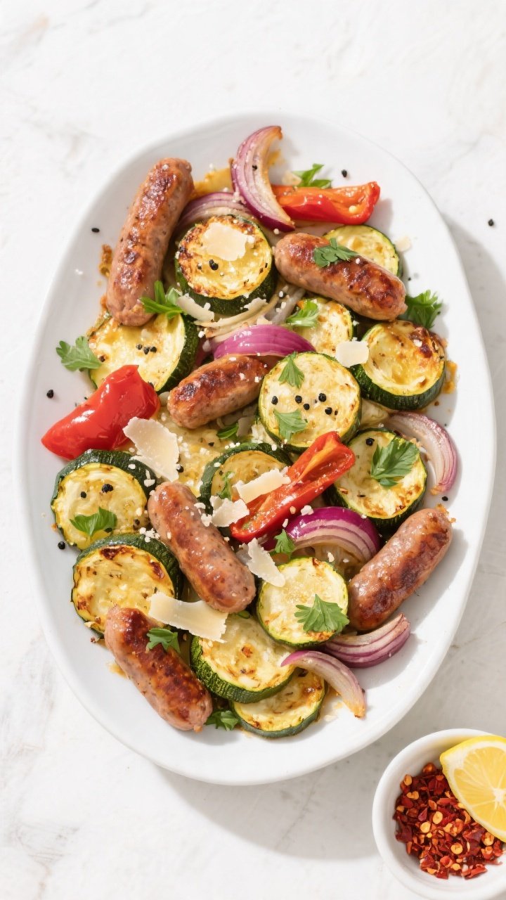 Tasty top view: Overhead shot of Easy Baked Zucchini & Sausage served family-style in a wide, white 