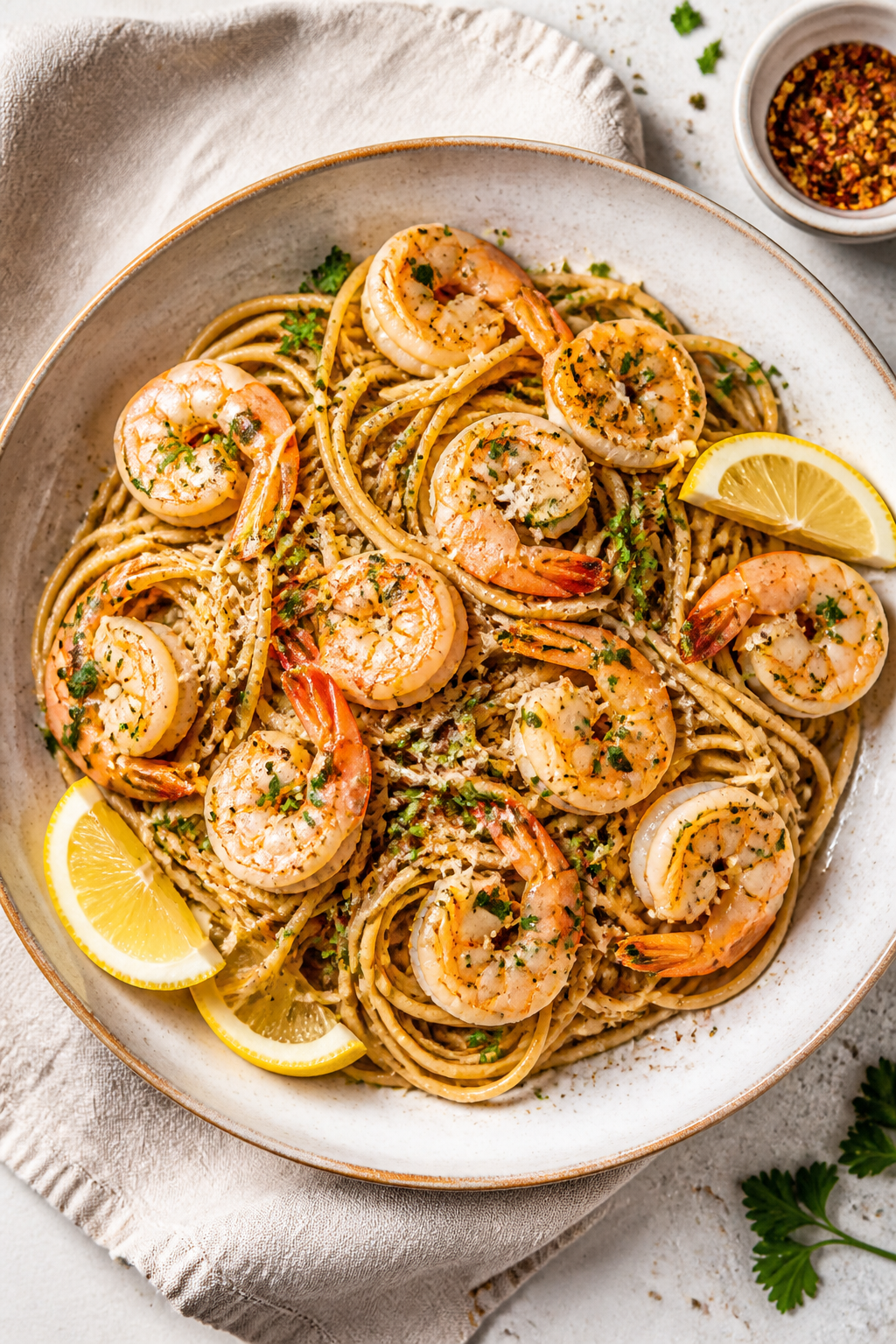 Tasty top view: Overhead shot of Easy Healthy Shrimp Scampi tossed with whole-wheat spaghetti; gloss