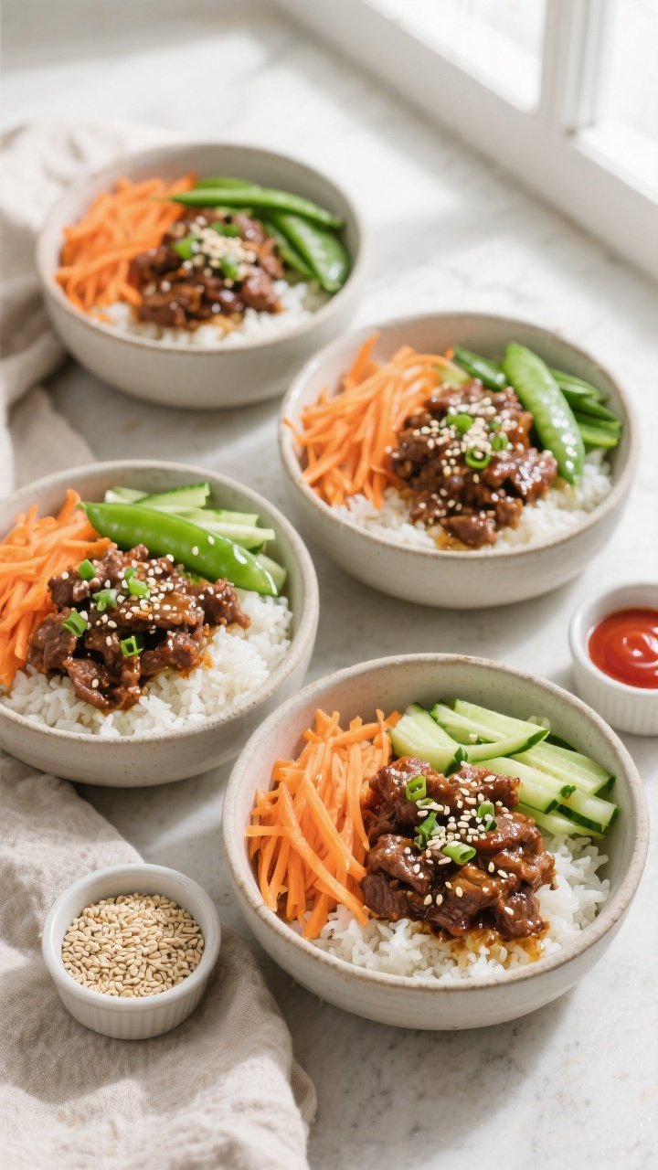 Tasty top view: Overhead shot of Easy Teriyaki Ground Beef Bowls arranged for meal prep—four open 