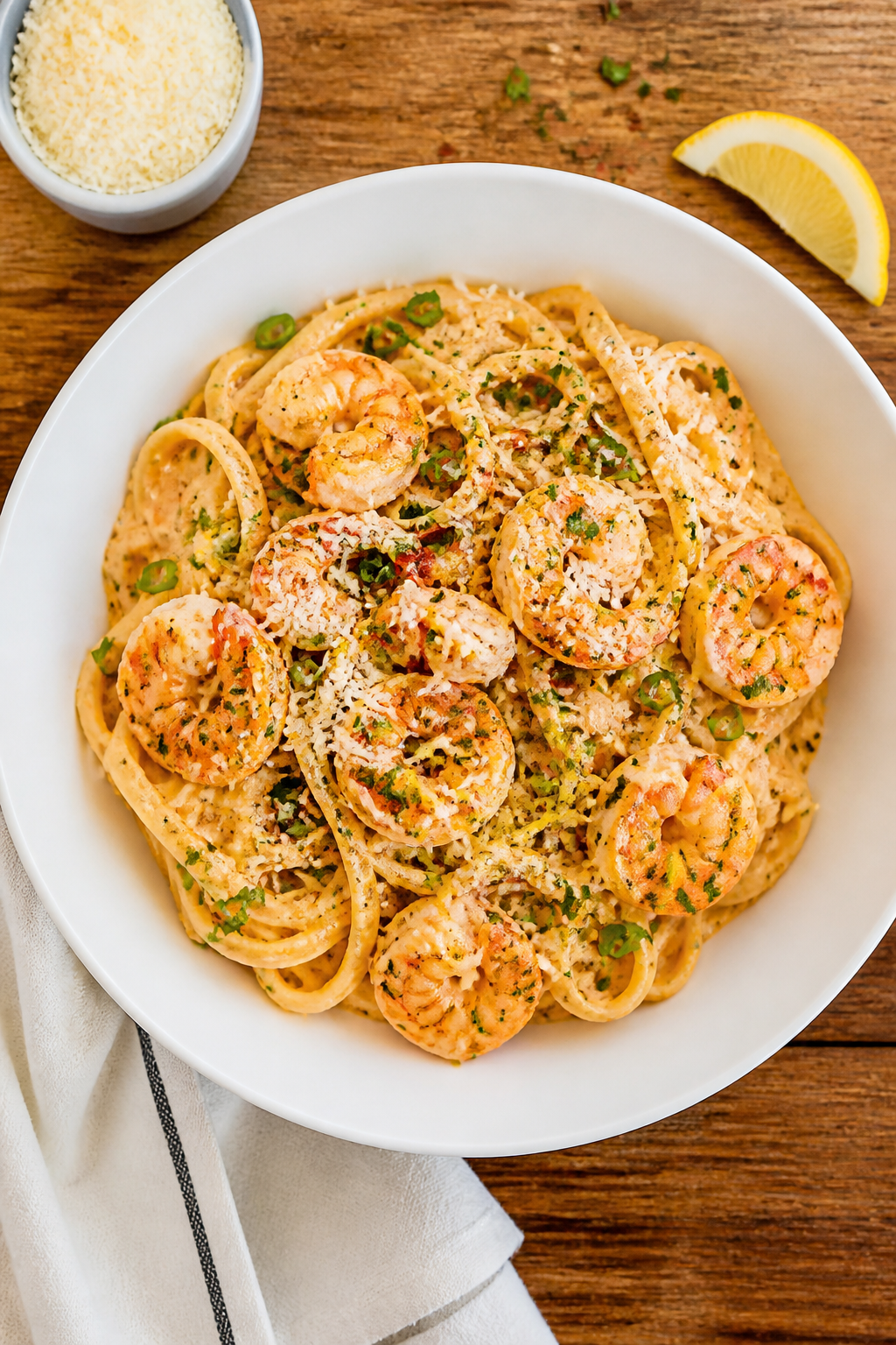 Tasty top view: Overhead shot of fettuccine tossed in creamy Cajun sauce, sauce clinging glossy to e