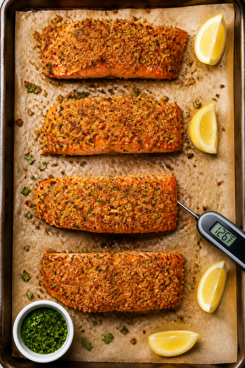 Tasty top view: Overhead shot of four salmon fillets on a parchment-lined baking sheet at 400°F fin