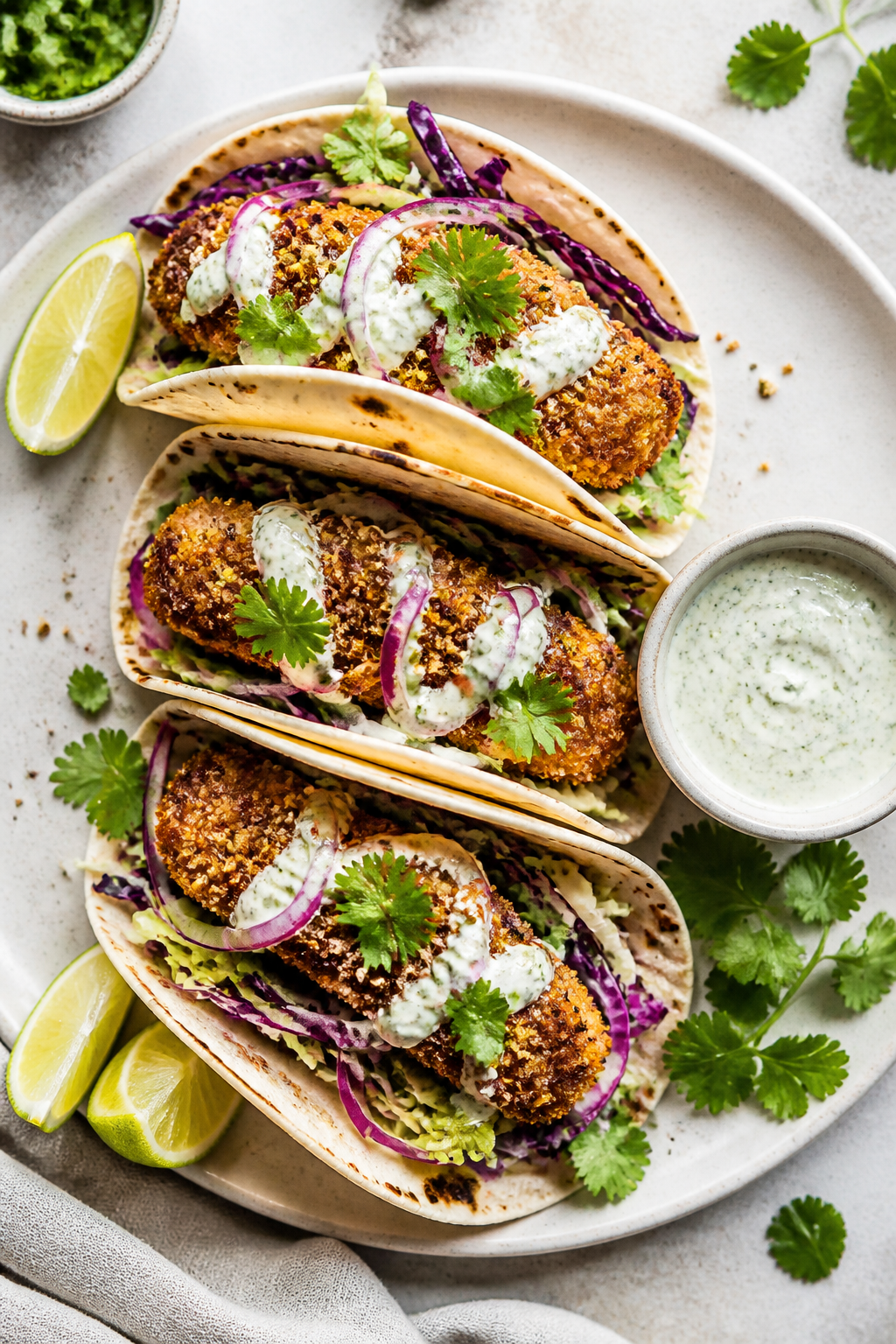 Tasty top view: Overhead shot of fully assembled Healthy Coconut Crusted Fish Tacos—three tacos ne
