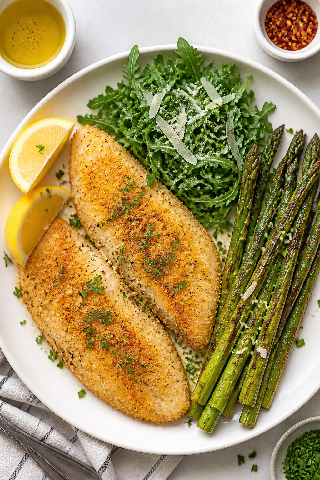 Tasty top view: Overhead shot of Garlic Parmesan Crusted Tilapia plated for serving—two fillets on