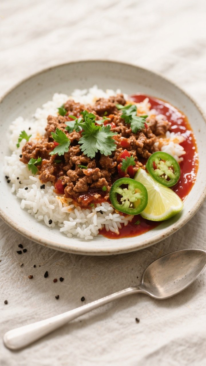 Tasty top view: Overhead shot of Ground Turkey BBQ Skillet spooned over fluffy white rice in a wide,