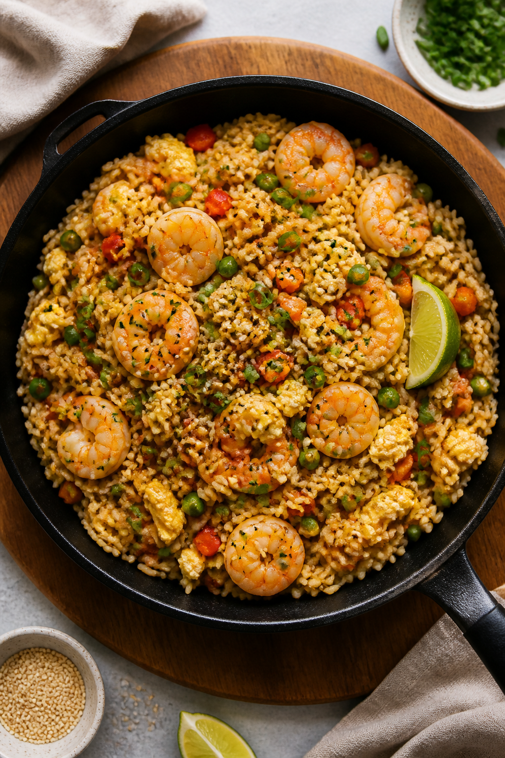 Tasty top view: Overhead shot of healthy shrimp fried rice in a wide black skillet, showcasing disti
