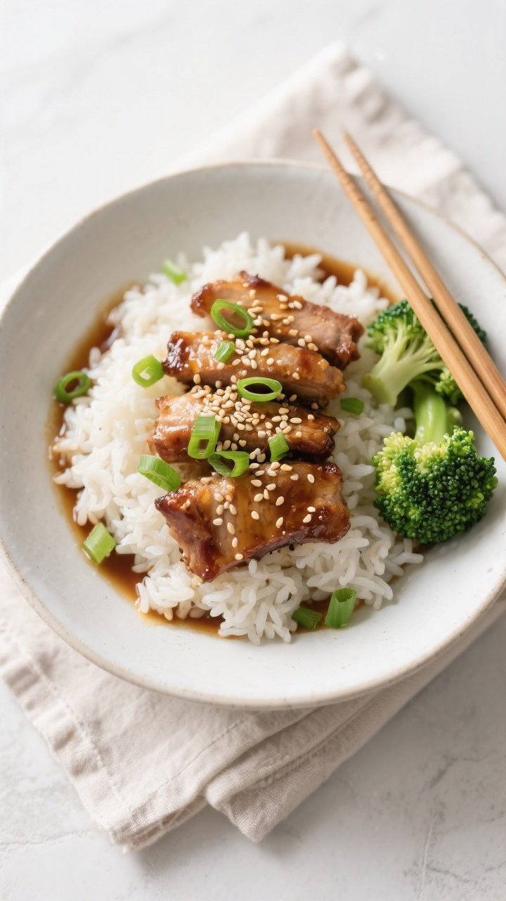 Tasty top view: Overhead shot of honey garlic pork served over fluffy jasmine rice in a wide, shallo