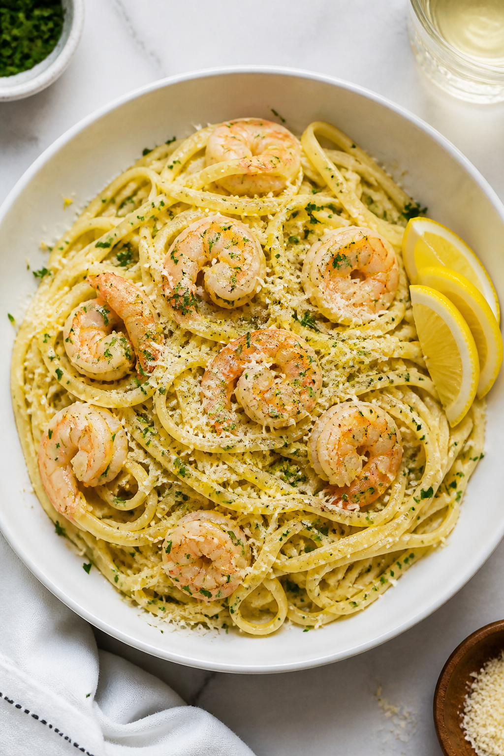 Tasty top view: Overhead shot of linguine tossed in a silky lemon-garlic butter sauce, shrimp nestle