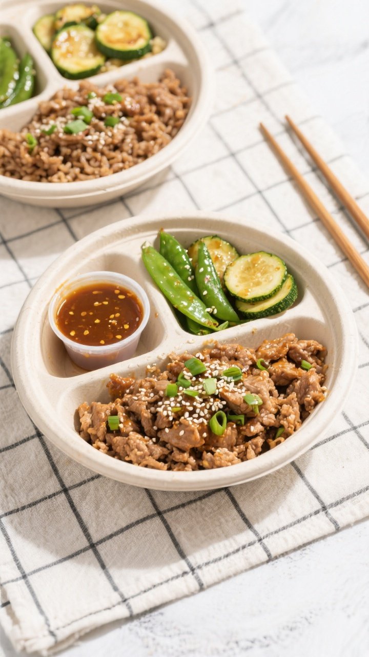 Tasty top view — Overhead shot of meal-prep bowls: neatly portioned honey garlic ground turkey wit