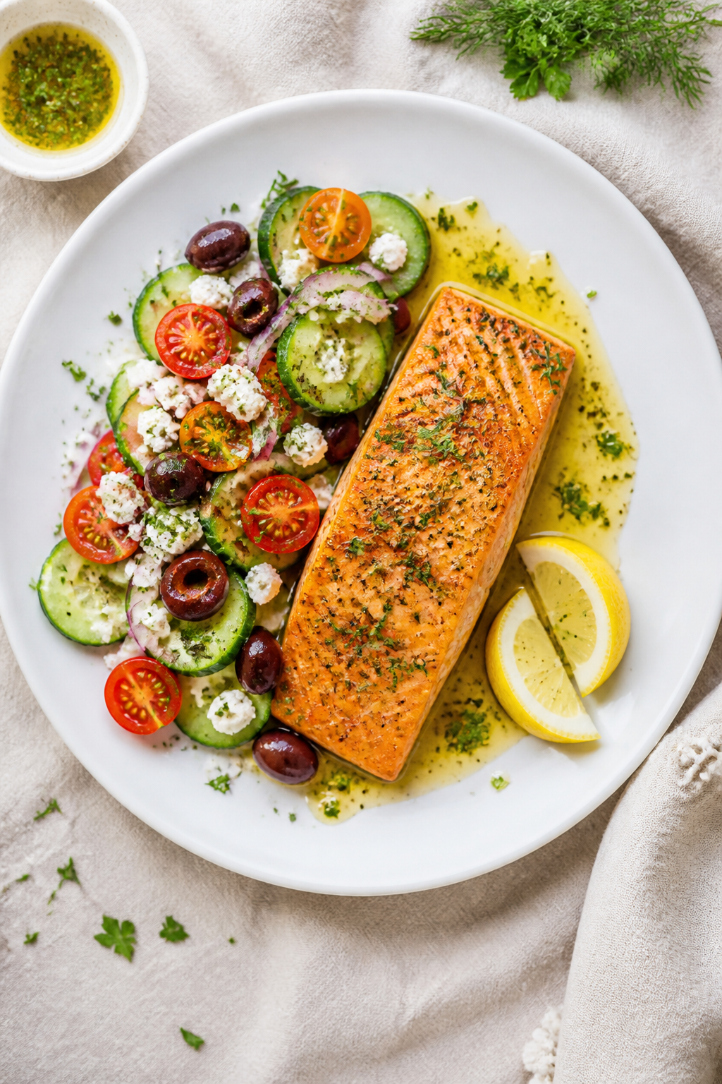 Tasty top view: Overhead shot of Mediterranean salmon plated with cucumber-tomato salad—thinly sli