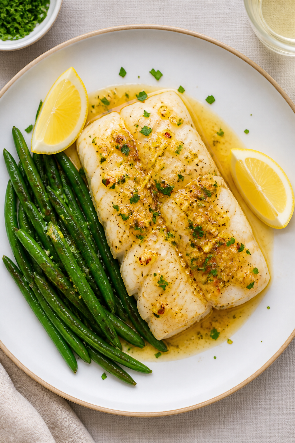 Tasty top view: Overhead shot of plated low calorie garlic butter cod on a white rimmed plate, fille