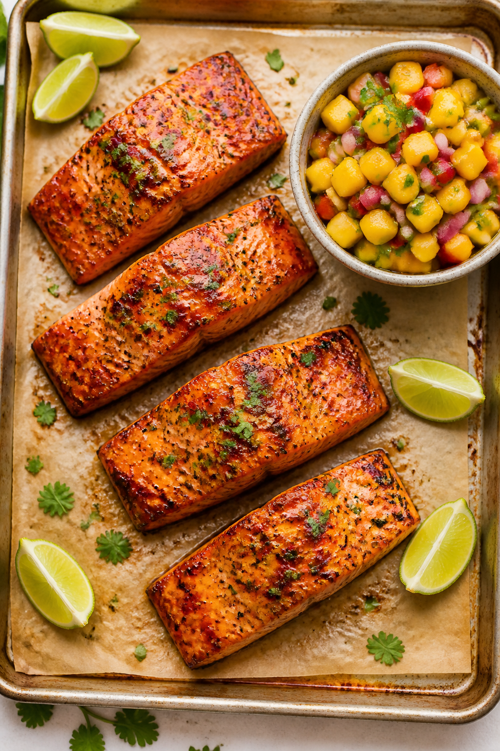 Tasty top view: Overhead shot of roasted chili lime salmon fillets on a parchment-lined sheet pan, f