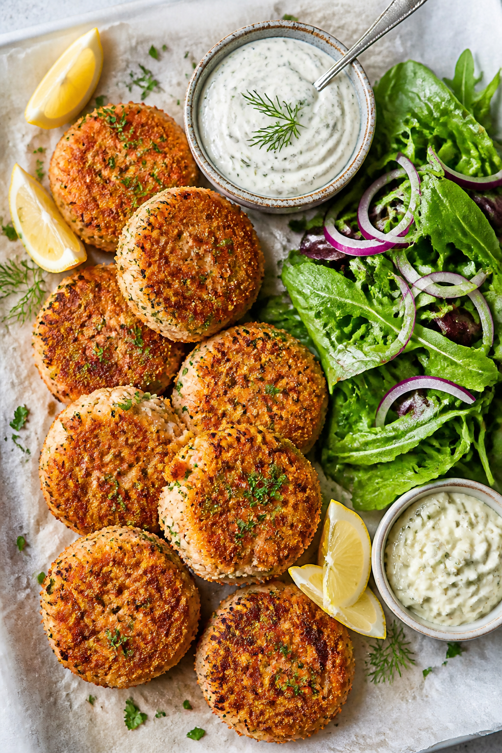 Tasty top view: Overhead shot of salmon patties arranged on a parchment-lined sheet with lemon wedge