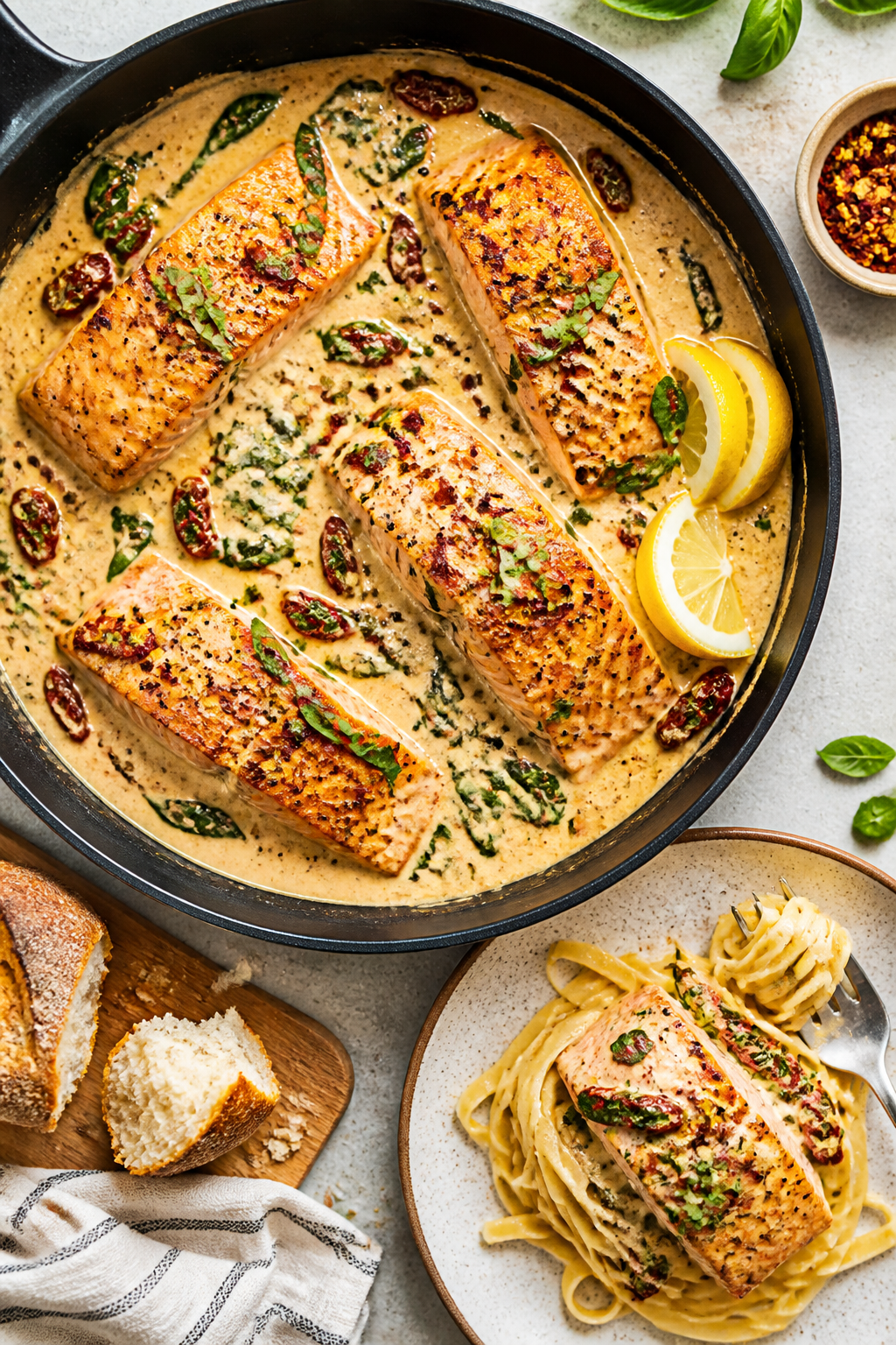 Tasty top view: Overhead shot of the finished Creamy Tuscan Salmon Skillet served family-style in a