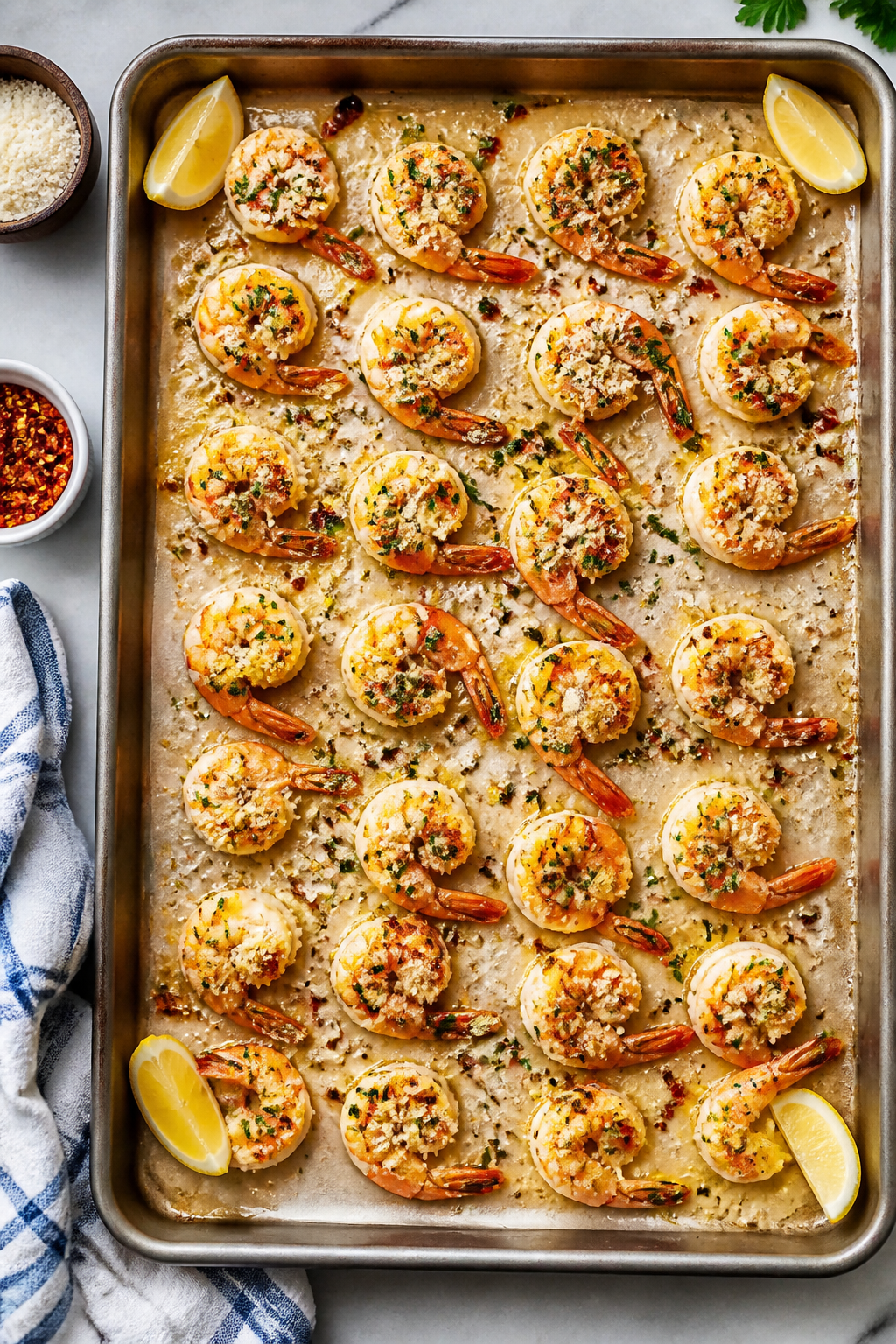 Tasty top view: Overhead shot of the finished Garlic Parmesan Shrimp Bake arranged in a single layer