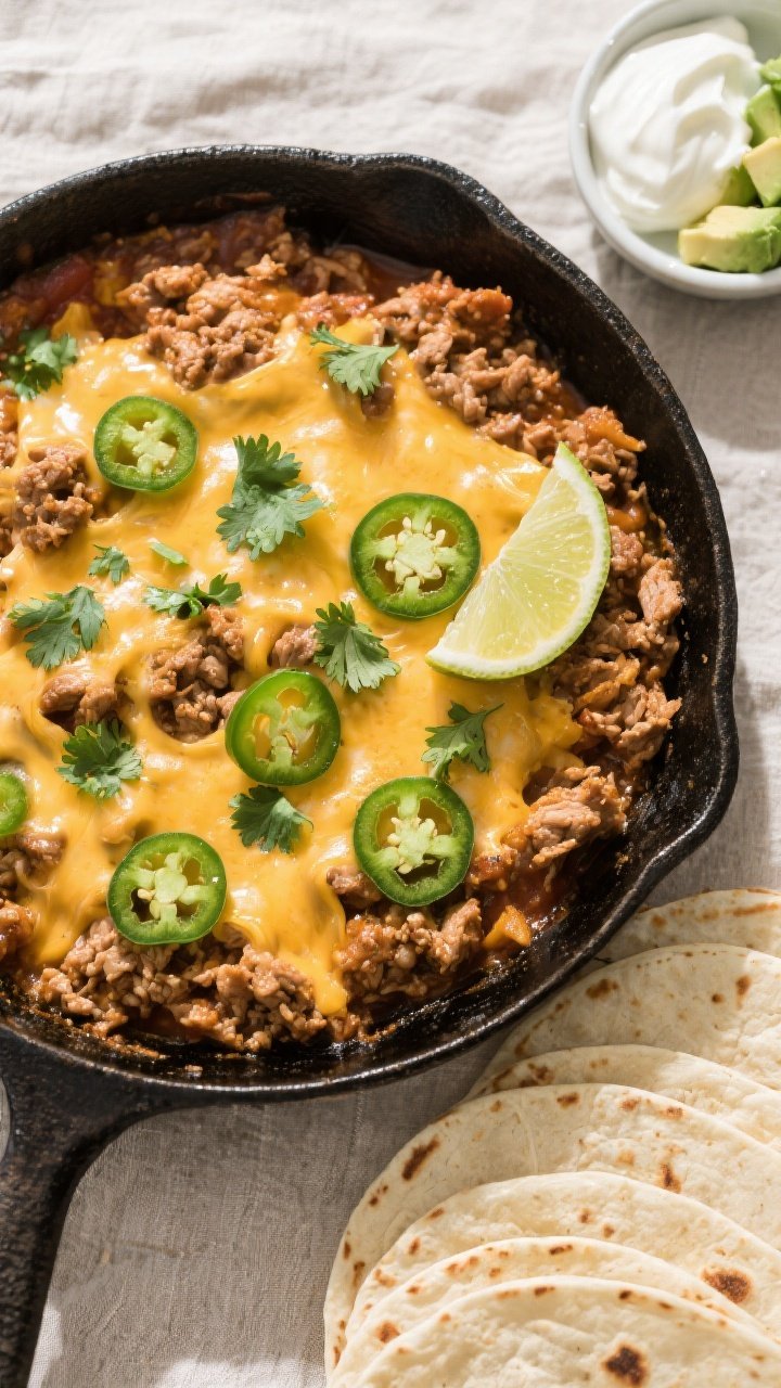 Tasty top view: Overhead shot of the finished ground turkey taco skillet, thick and scoopable, toppe