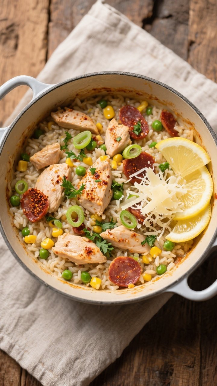 Tasty top view: Overhead shot of the finished One-Pot Creamy Cajun Chicken Rice in the pot—ultra-c
