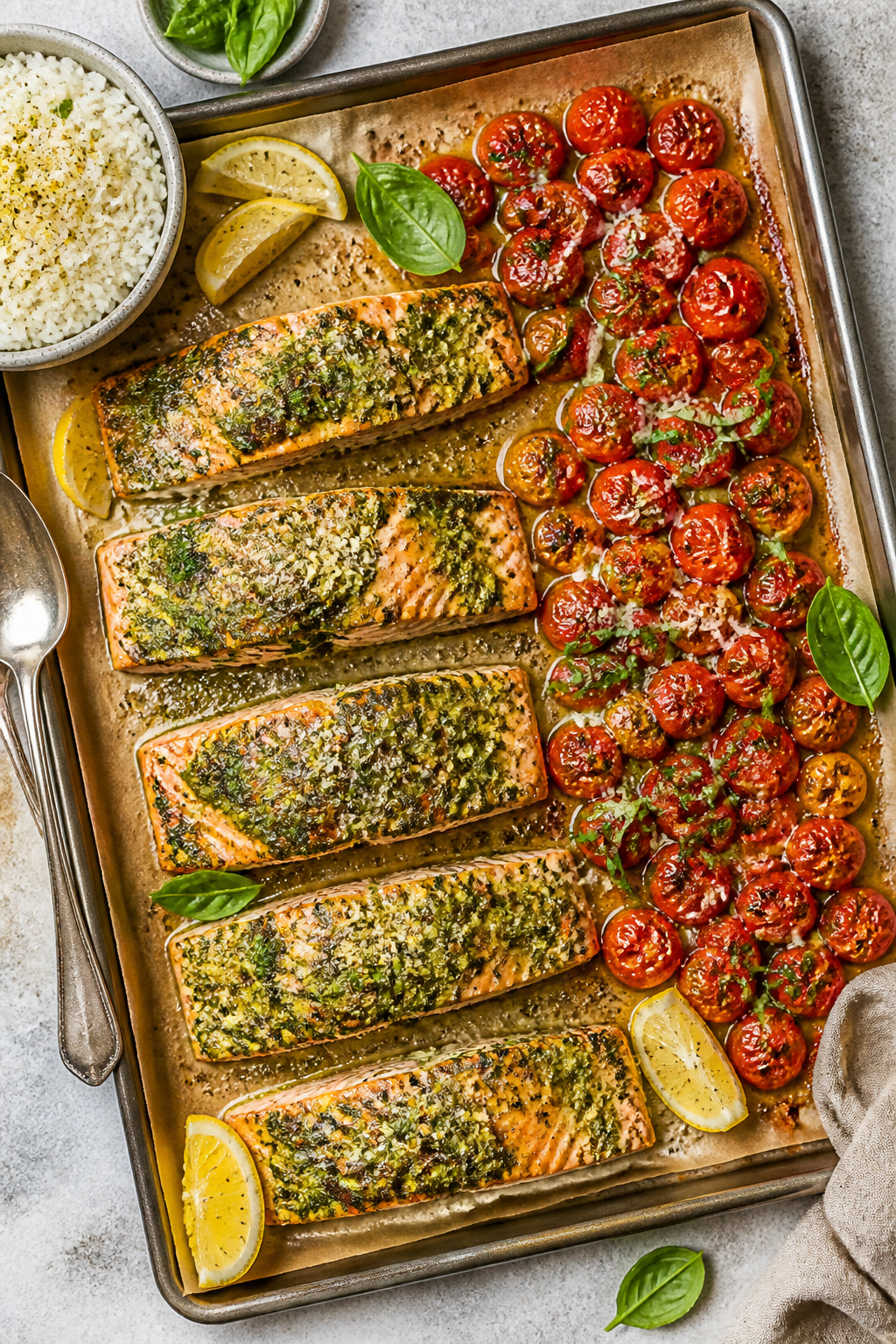 Tasty top view: Overhead shot of the full sheet-pan dinner—four pesto-slathered salmon fillets on