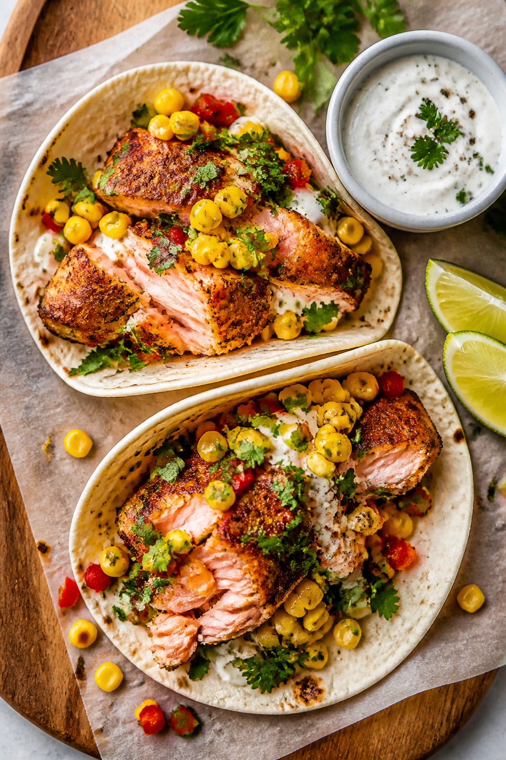 Tasty top view: Overhead shot of two salmon fillets tucked into warm tortillas for taco-style servin