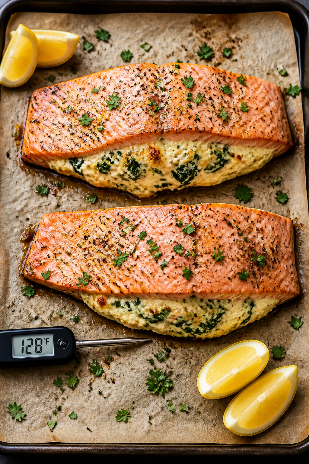 Tasty top view: Overhead shot of two stuffed salmon fillets just out of the oven on a parchment-line