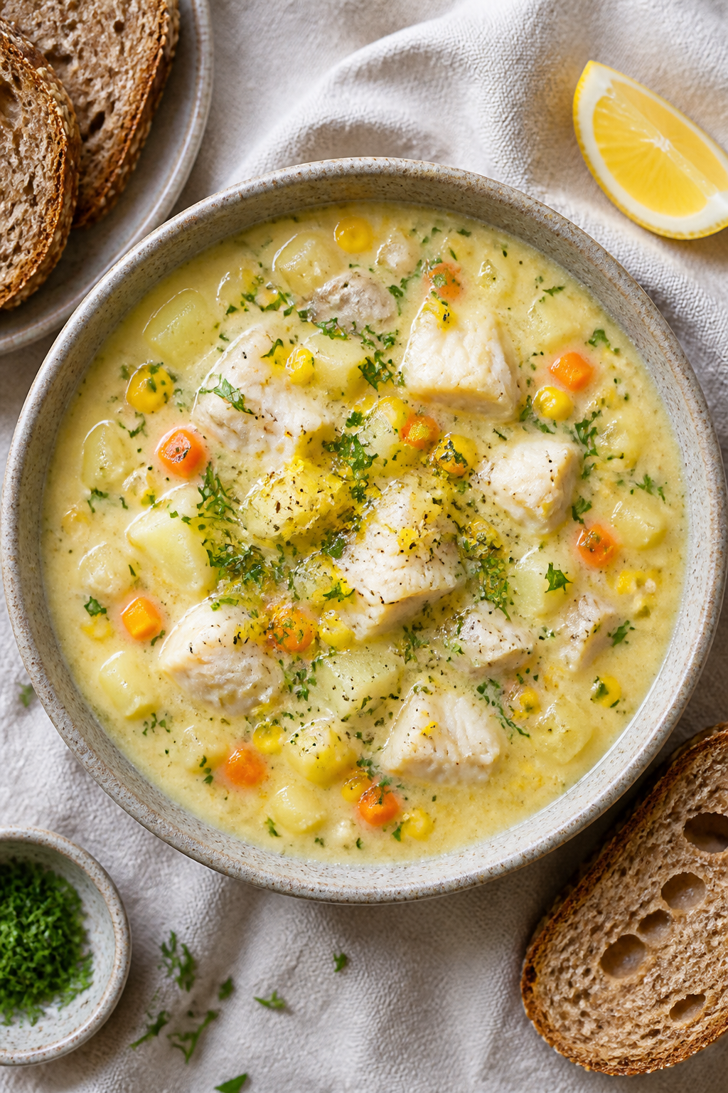 Tasty top view, overhead shot: Overhead shot of a rustic bowl filled with Healthy Fish Chowder, show