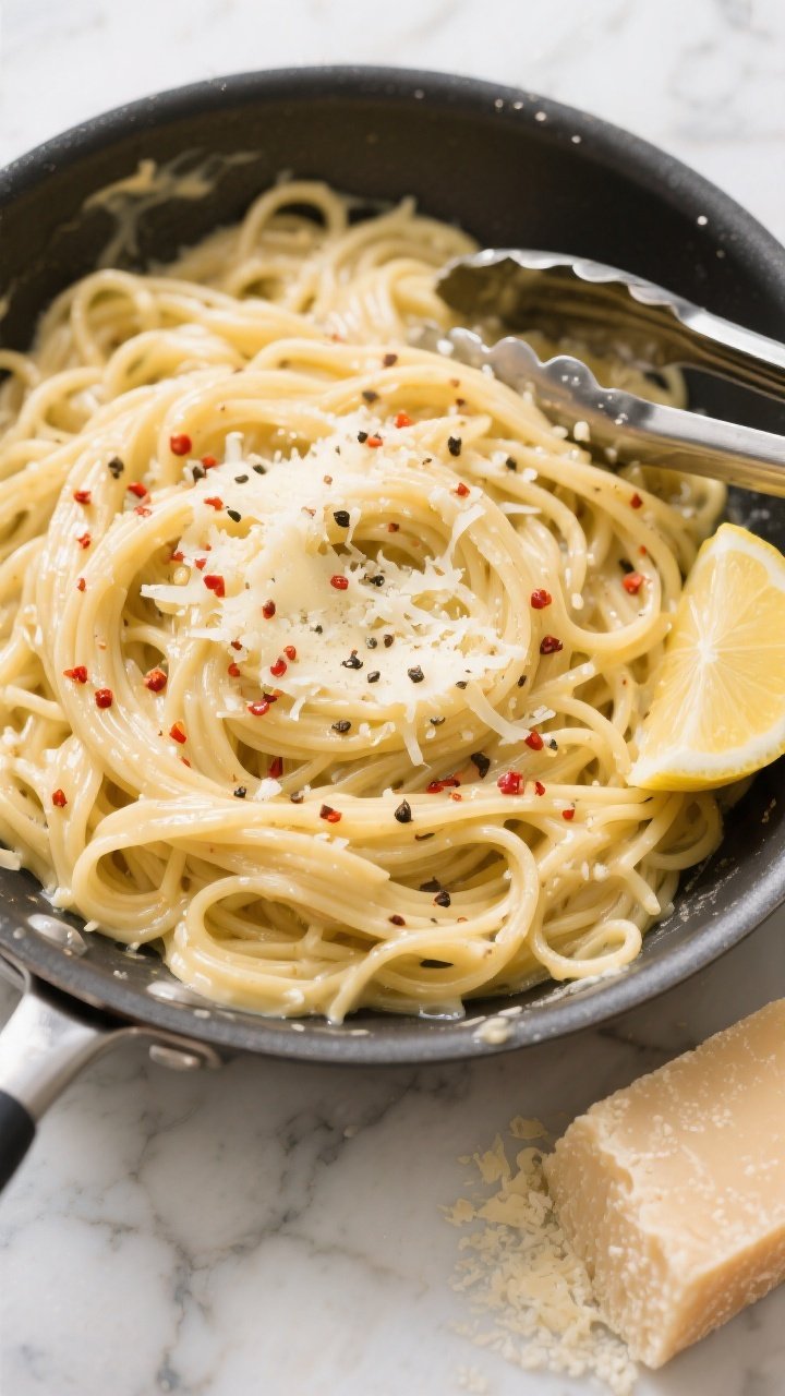 Tasty top view serving moment: Overhead shot of a large skillet filled with linguine tossed to a mir