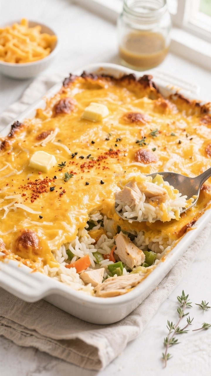 Tasty top view – Uncovered finish with golden cheesy topping: Overhead shot of the casserole after