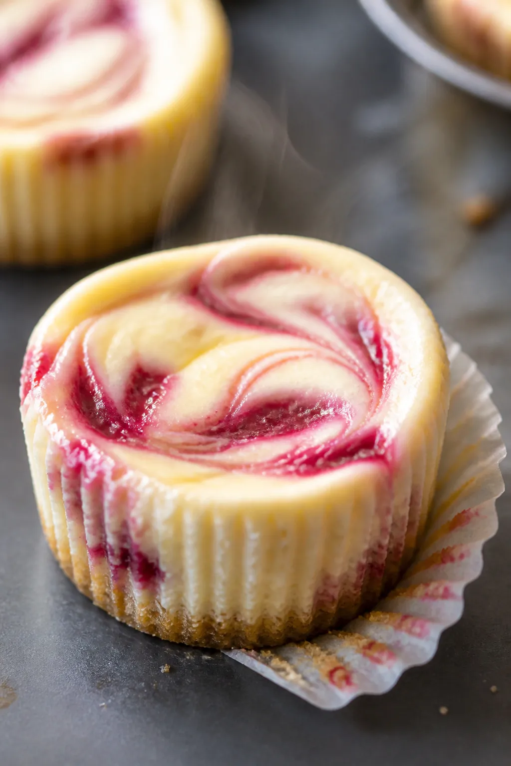 Close-up detail: A baked raspberry-swirled cheesecake bite just out of the tin, creamy surface with 