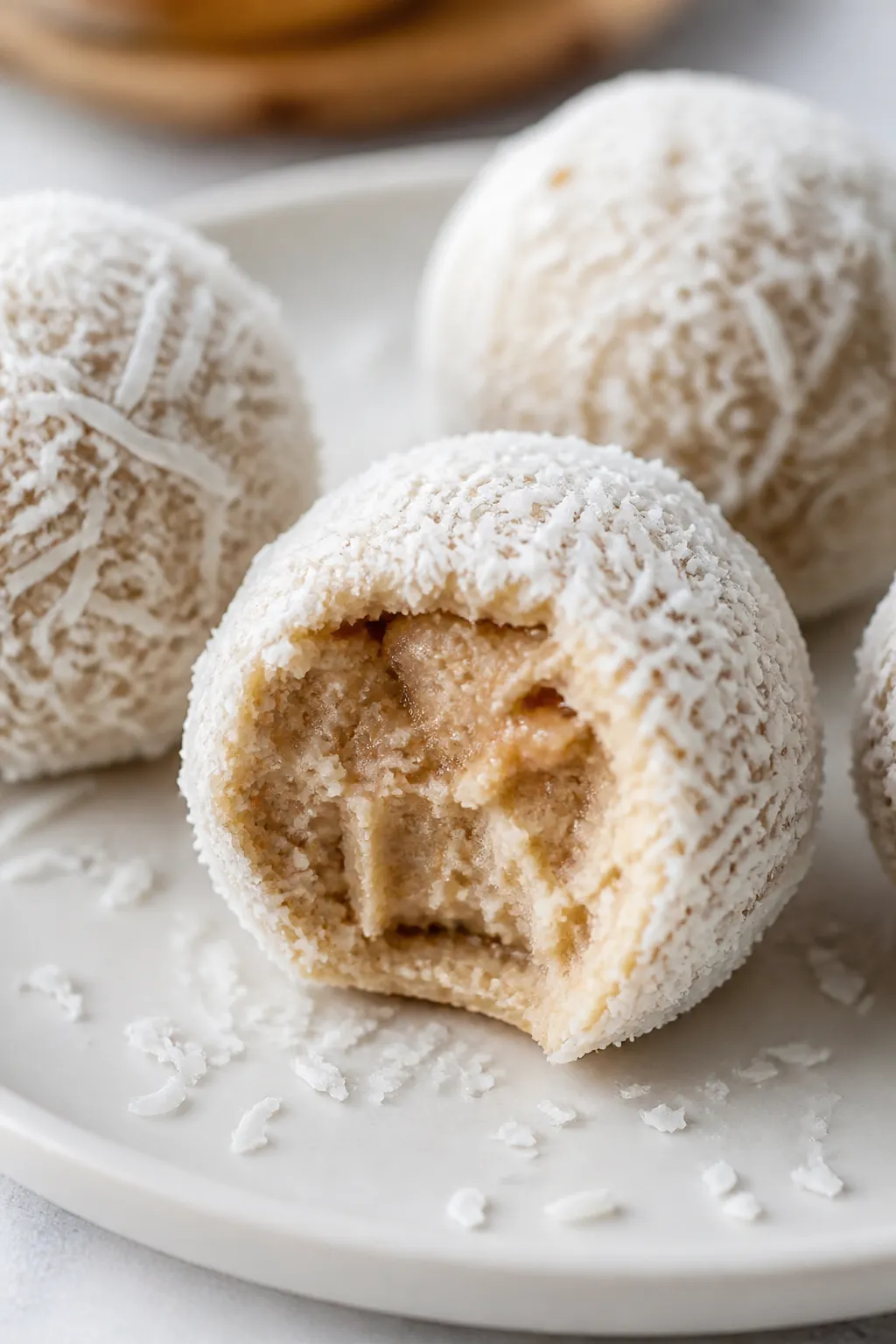 Close-up detail: A chilled coconut protein truffle freshly rolled and set, coated in fine unsweetene