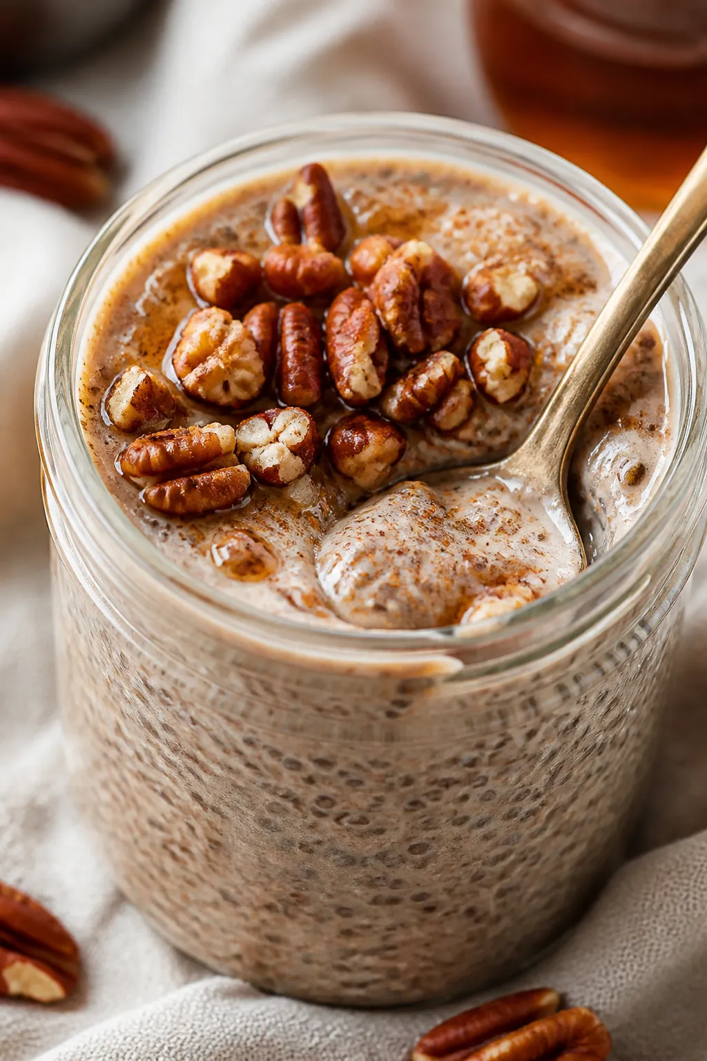 Close-up detail: A chilled glass jar of creamy maple pecan chia pudding just after an overnight set,
