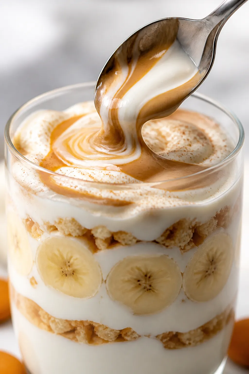 Close-up detail: A chilled Greek Yogurt Banana Pudding Protein Cup mid-layer, spoon hovering as a gl