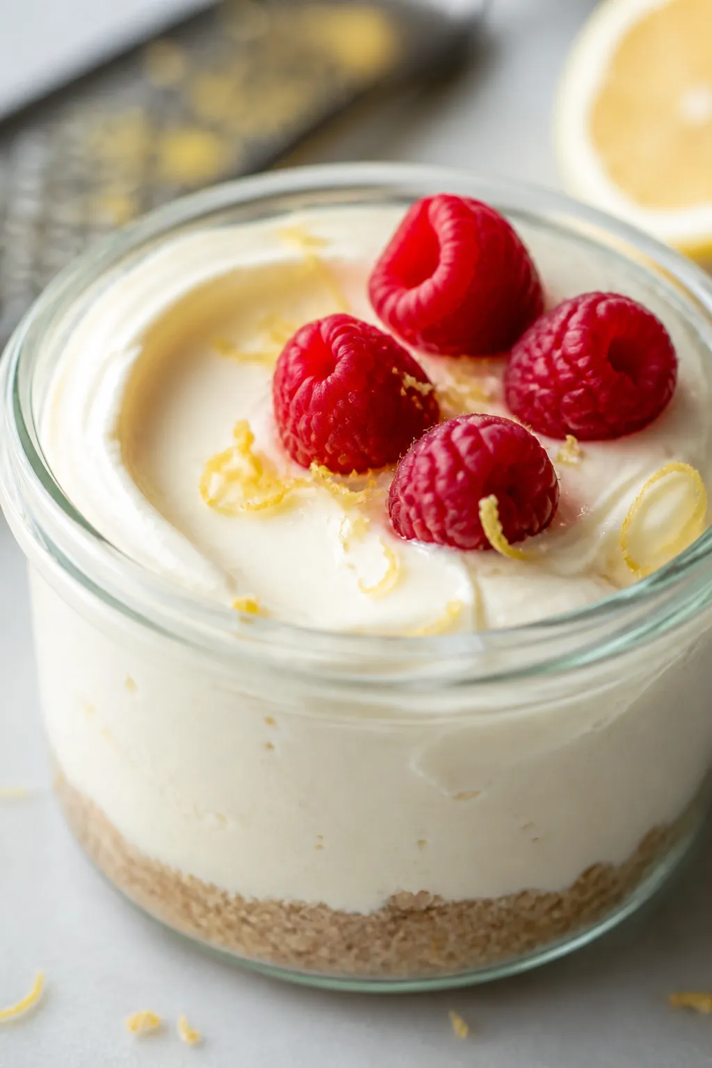 Close-up detail: A chilled lemon cheesecake jar with a visible thin almond-flour crust layer at the