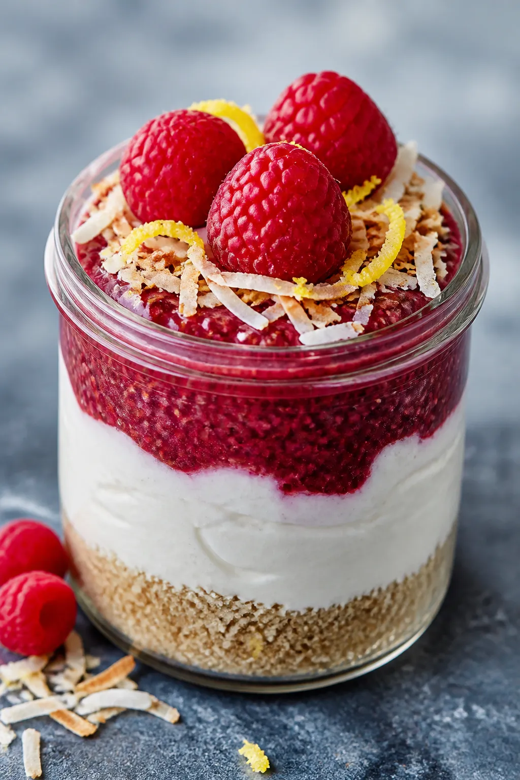 Close-up detail: A chilled raspberry cheesecake jar layered with almond flour “crust,” jammy ras