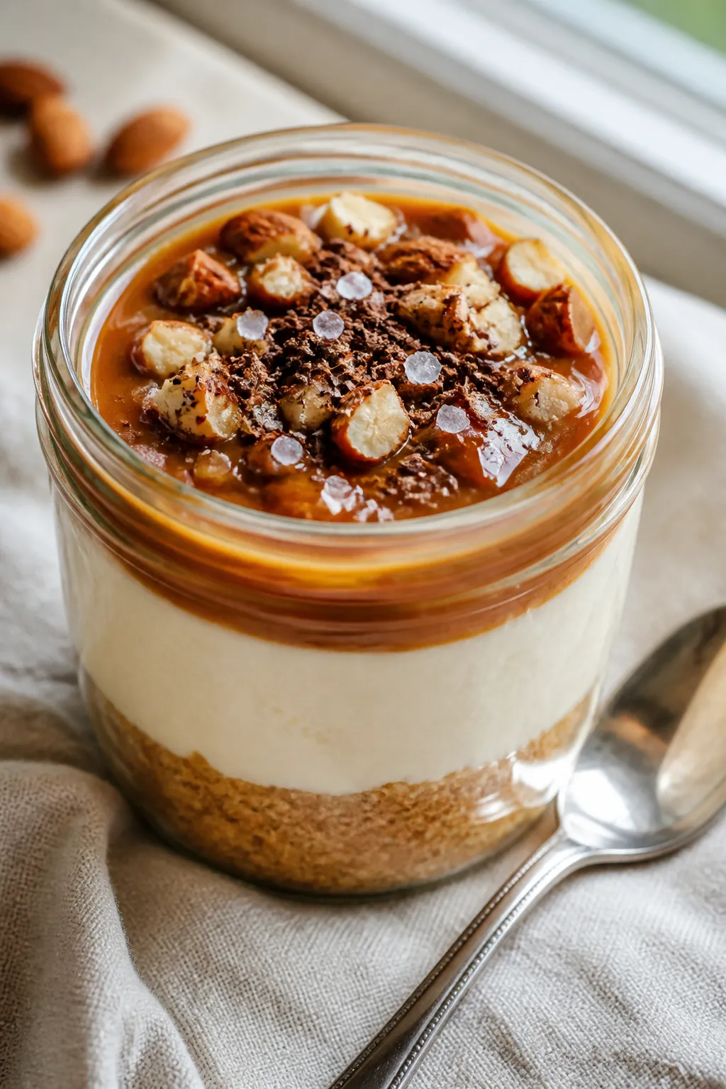 Close-up detail: A chilled salted caramel cheesecake jar with distinct layers—golden toasted almon