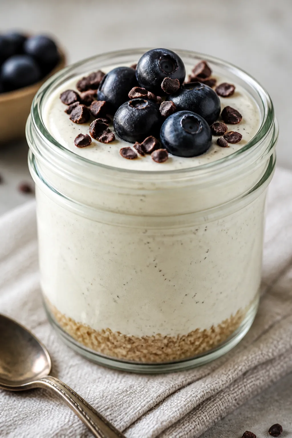 Close-up detail: A chilled vanilla bean cheesecake jar with visible vanilla bean specks in the silky