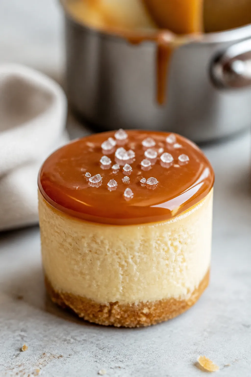 Close-up detail: A cooled mini salted caramel cheesecake bite just after topping, glossy allulose ca