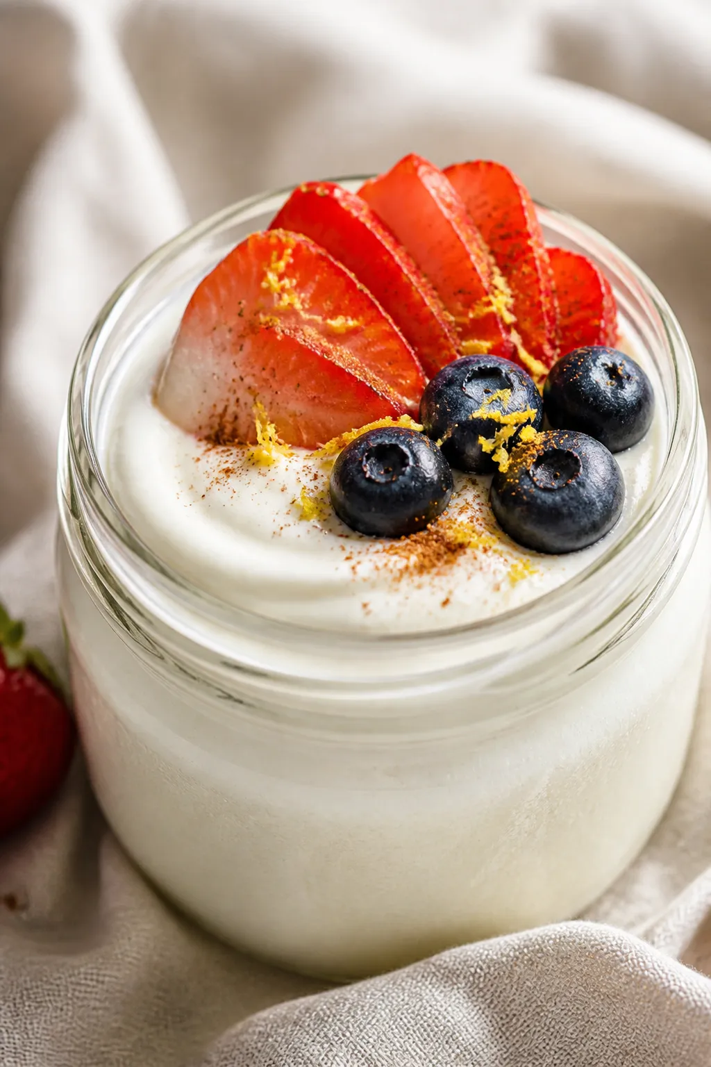 Close-up detail: A creamy Greek yogurt cheesecake jar just after chilling, spooned smooth into a cle