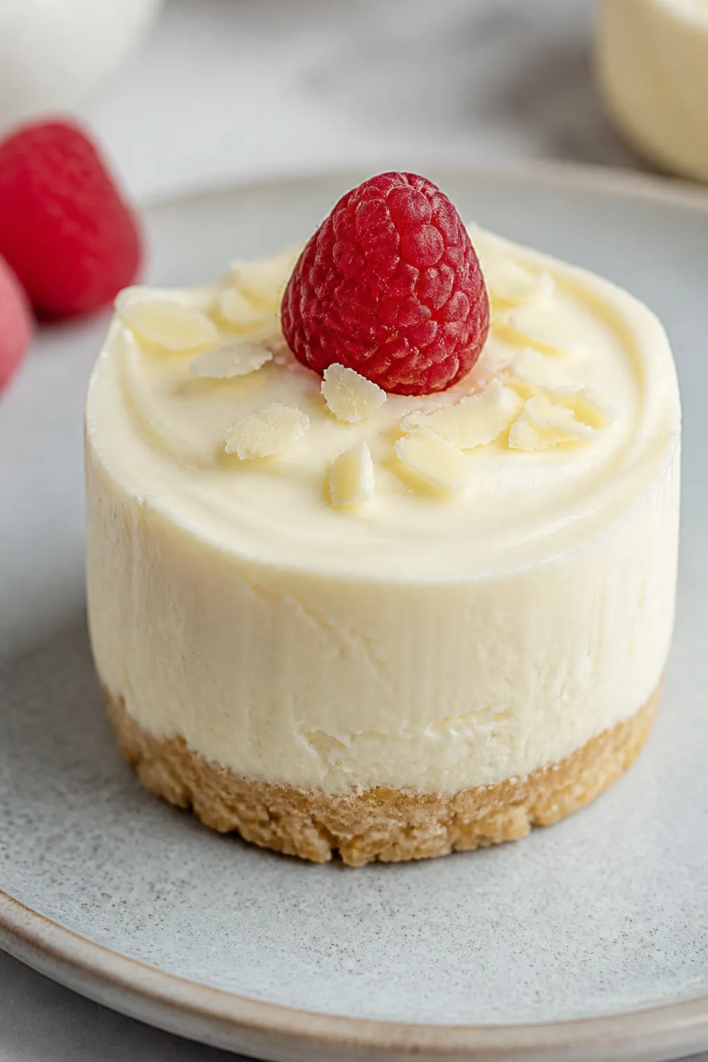 Close-up detail: a creamy, no-bake white chocolate cheesecake cup freshly unwrapped from its paper l