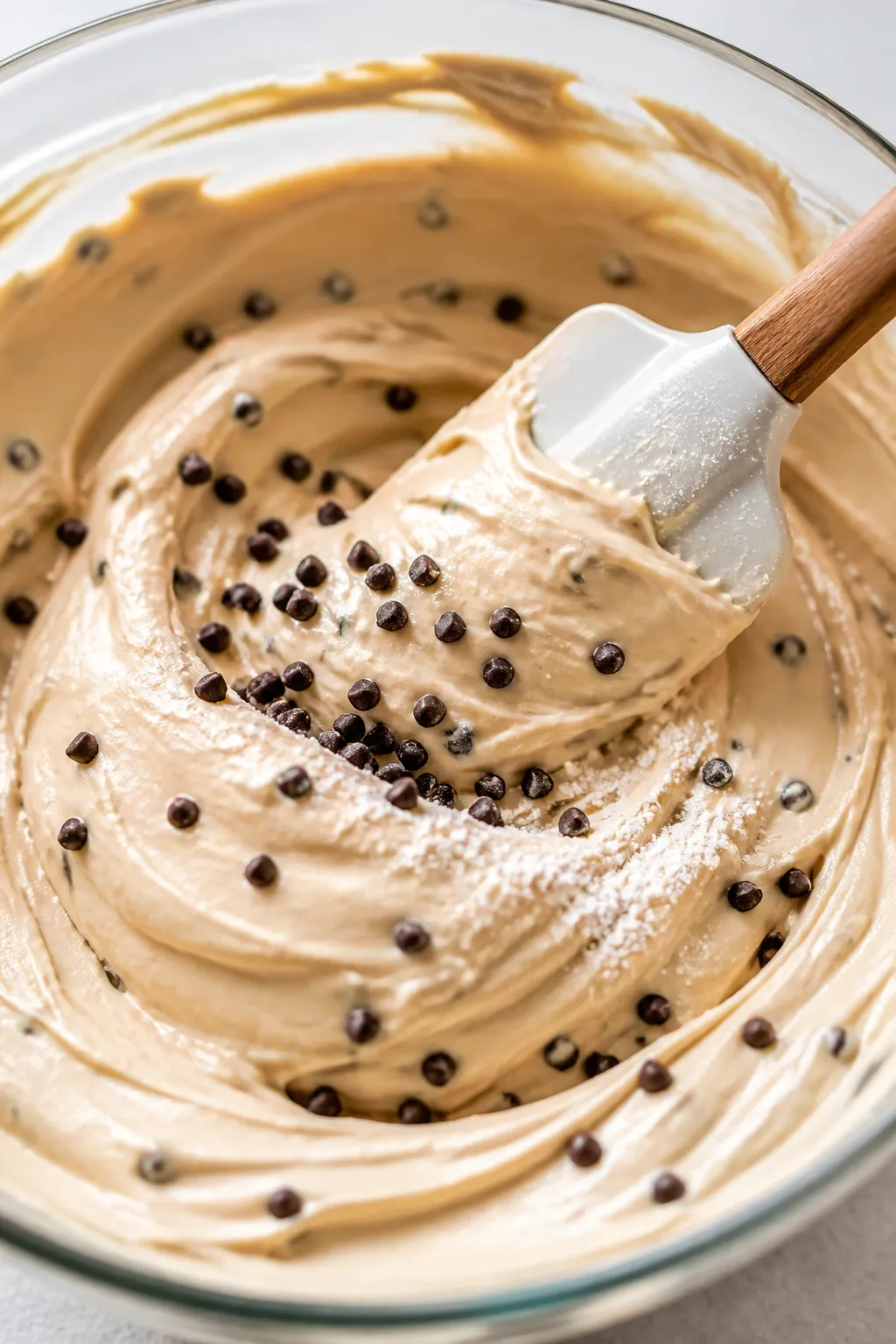 Close-up detail: A creamy swirl of high-protein chocolate chip cheesecake dip mid-mix in a glass bow