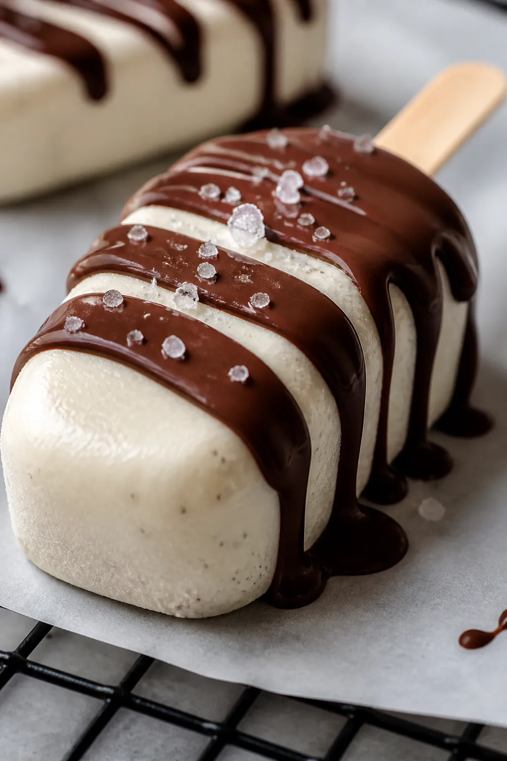 Close-up detail: A creamy vanilla protein ice cream bar just unmolded, beads of frost glistening on 