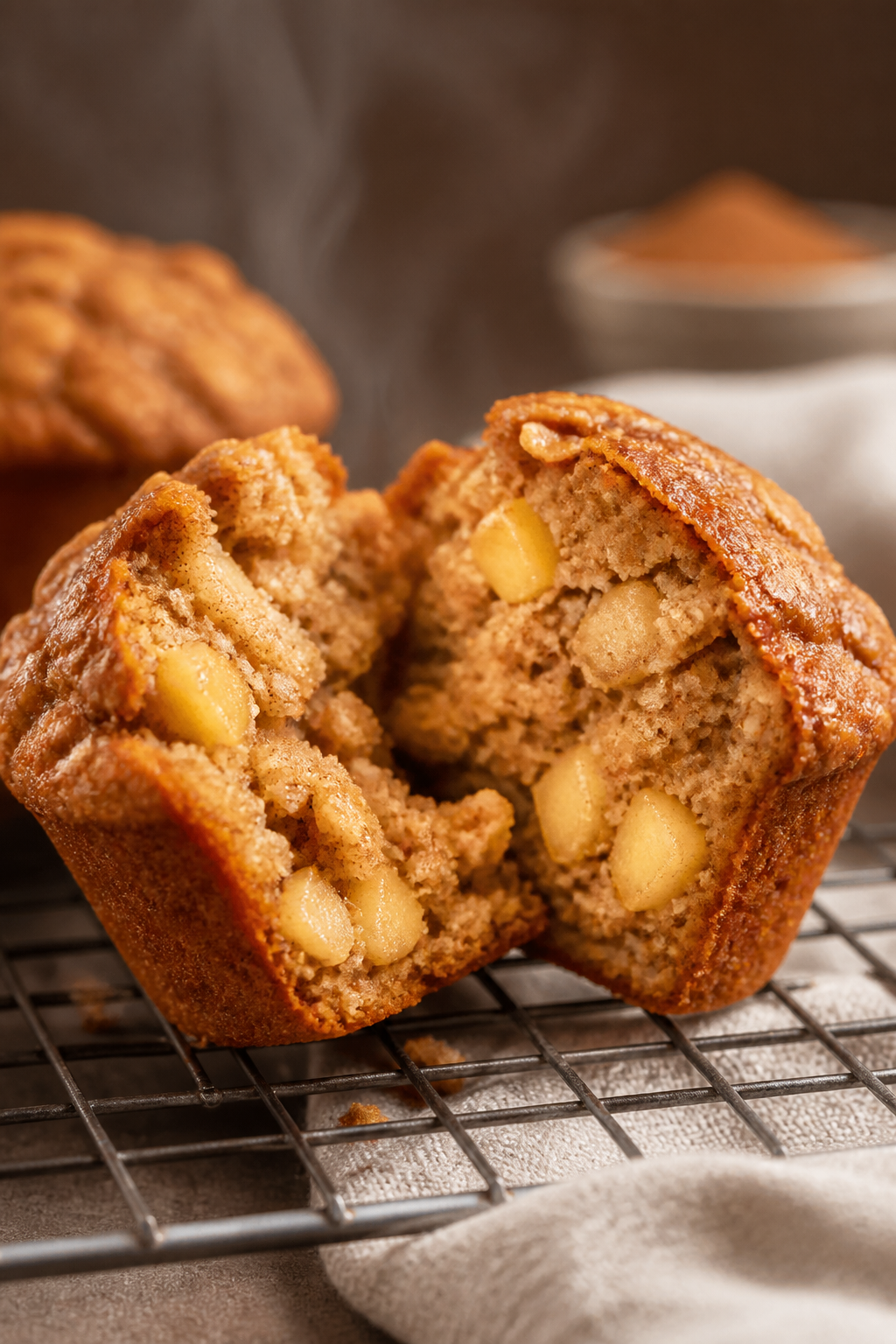 Close-up detail: A freshly baked Apple Cinnamon Protein Muffin torn open to reveal a moist, tender c