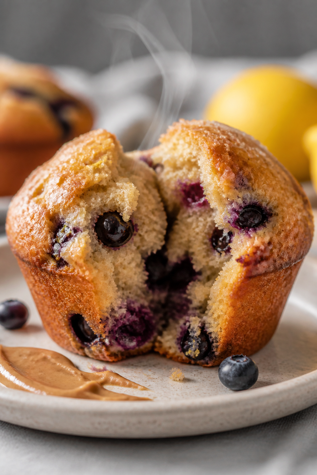 Close-up detail: A freshly baked blueberry lemon protein muffin torn open to reveal a moist, tender