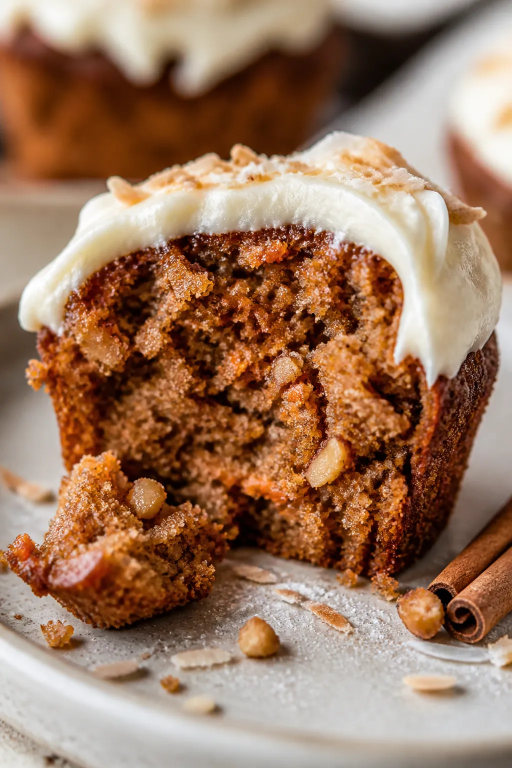 Close-up detail: A freshly baked carrot cake protein muffin torn open to reveal a moist, tender crum