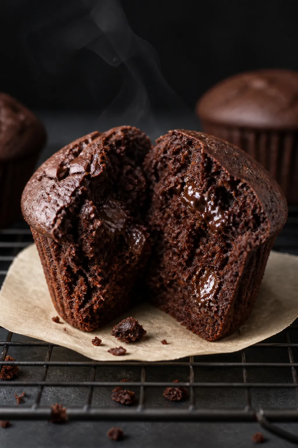 Close-up detail: A freshly baked chocolate protein cupcake just out of the pan, split open to reveal