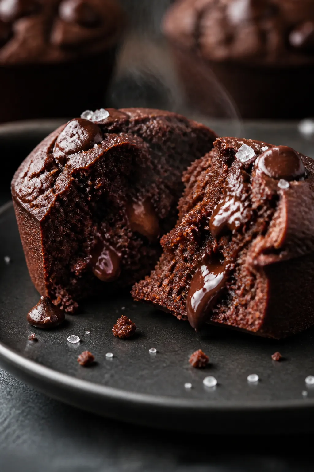 Close-up detail: A freshly baked chocolate protein muffin torn open to reveal a moist, tender crumb